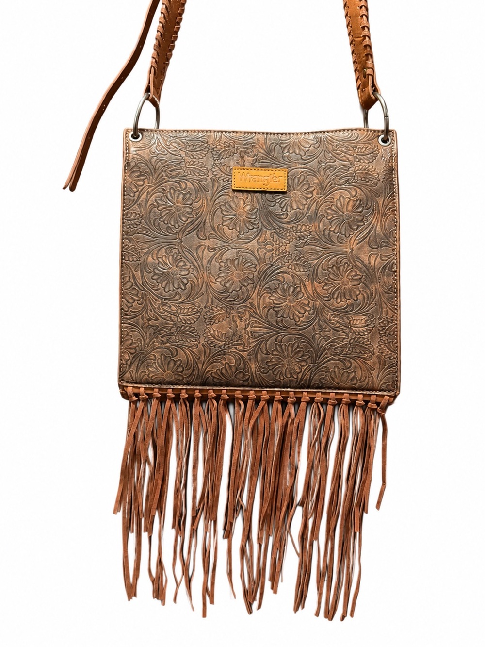 Wrangler Tooled Leather Fringe Crossbody Bag in Brown